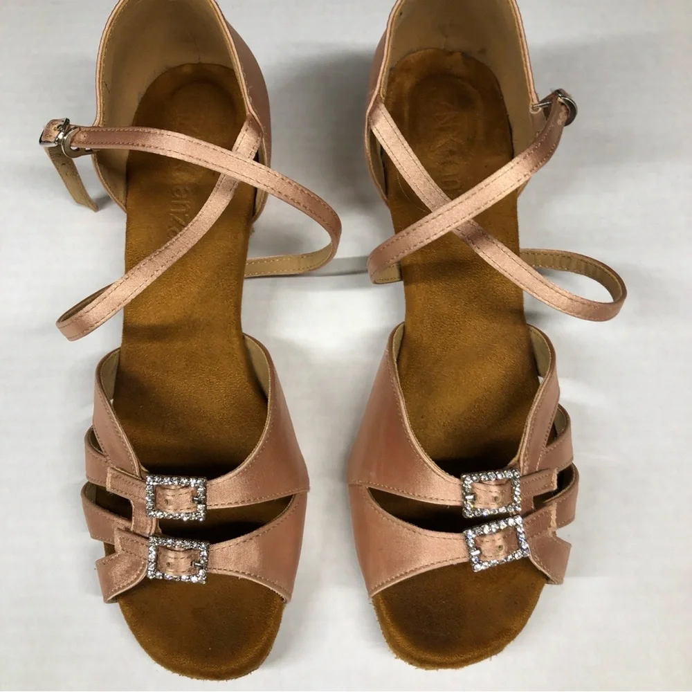 Dance Shoes 7.5 Nude Satin Sandals Rhinestone Buckles 1.5 inch heels Beige Danza - Picture 1 of 9